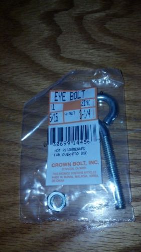 Lot of five 5/16&#034;x 3 1/4&#034;zinc plated eye bolts w/ nut (crown bolt inc.) for sale