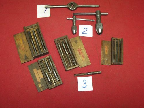 Lot 0f 13 taps, 2 tap wrenches &amp; 1 die stock for sale