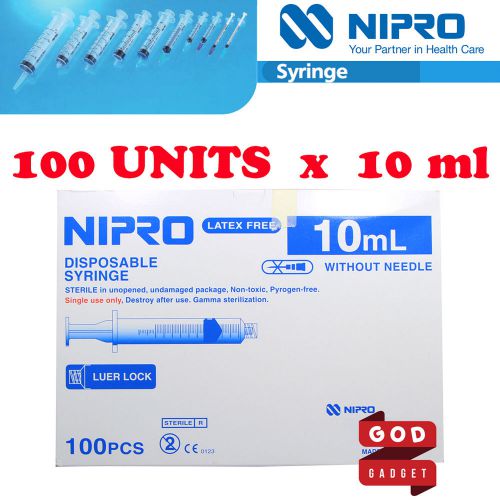 100 x 10ml nipro syringe luer lock tip hypodermic sterile latex free no needle for sale