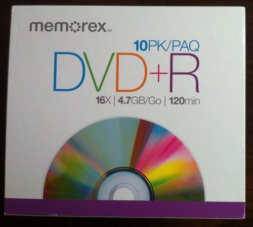 10 Pk Clear Memorex Case 10PK/PAQ DVD+R 16X 4.7 GB 120 Min Brand New Blank DVDs