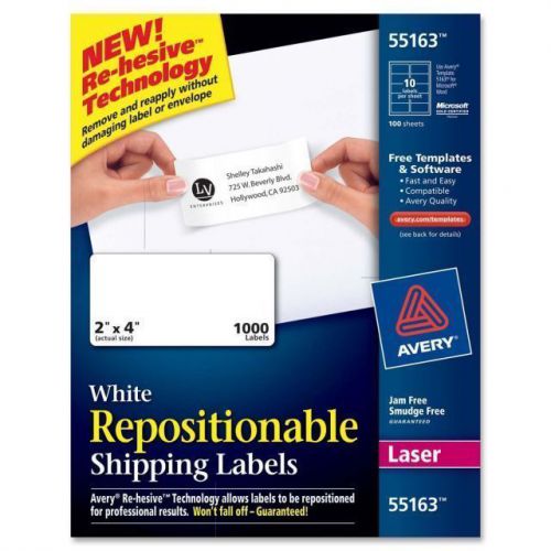 New ! 1000PK Avery 55163 Re-hesive Labels For Laser Printers 2 x 4 White