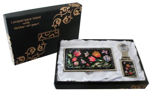 Mother of pearl tulip  business card holder key chain key ring gift set #05 for sale