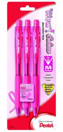 Pink BCA WOW! Retractable Ball Point Pen Medium Line Pink Ink 3 Pack Carded