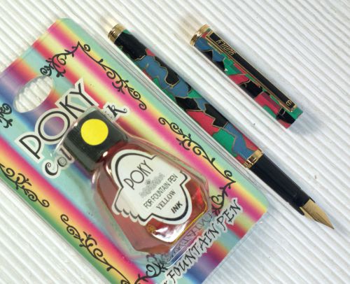 POKY bottle ink + Yunily colourful barrel fountain pen BLACK barrel YELLOW ink