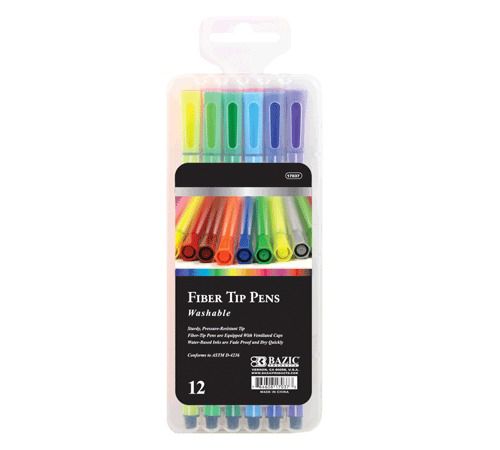 BAZIC 12 Color Washable Fiber Tip Pen, Case of 12