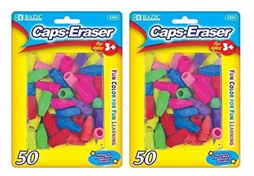 NEW 2 Pk, Bazic Caps Eraser Assorted Colors, 50 Per Pack / Total of 100