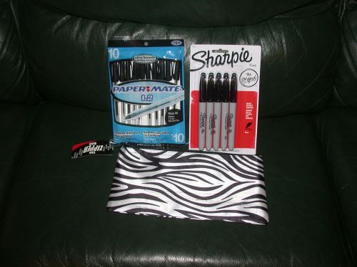 Zebra,Bag &amp; 5 Pack Sharpies &amp; 10 Papermate Pens Free Fast Ship!