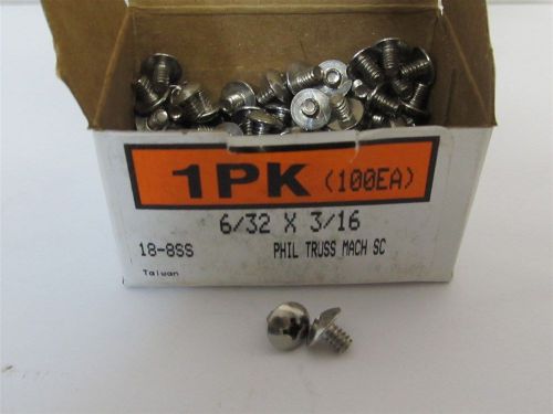 18-8ss, 6-32 x 3/16&#034; phillips, truss machine screws - stainless steel - 100 each for sale