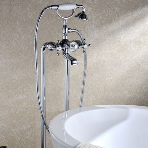 Modern Chrome Brass Free Standing Floor Bathtub Filler Faucet Tap Free Shipping
