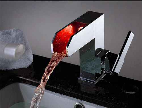 Led 3 color waterfall chrome faucet single-in brass sink mixer tap  jkab56 for sale