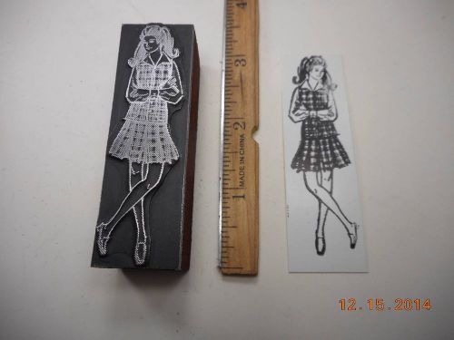 Letterpress Printing Printers Block, Woman in Short Pleated Plaid Skirt w Vest