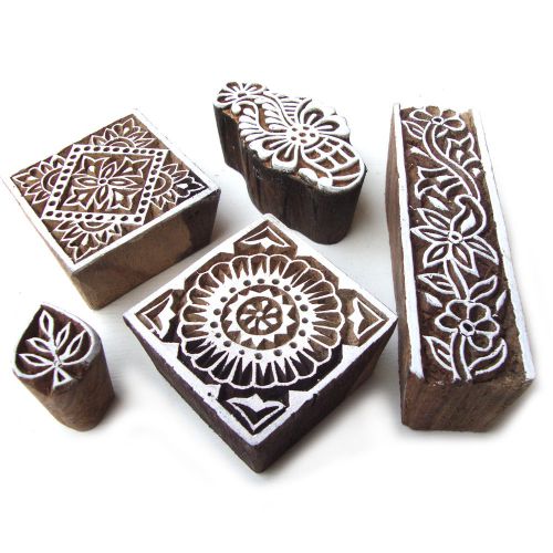 Floral Designs Hand Carved Assorted Wooden Block Printing Tags (Set of 5)