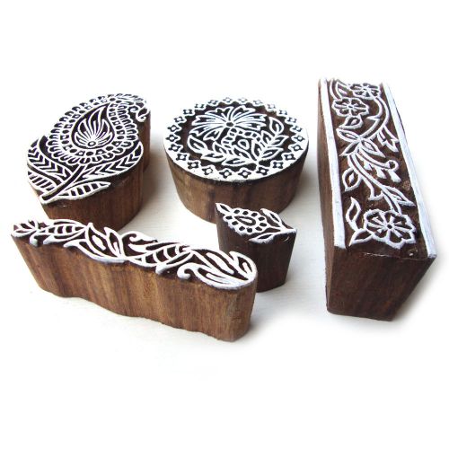 Hand carved multi floral motifs wooden block printng design tags (set of 5) for sale