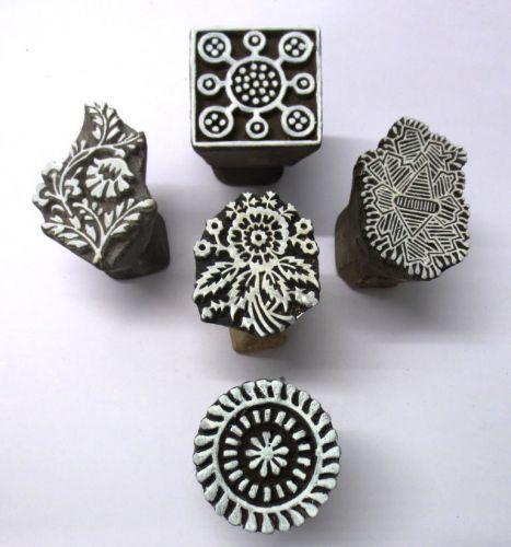 LOT OF 5 WOODEN HAND CARVED TEXTILE PRINTING FABRIC BLOCK STAMP SMALL PATTERNS