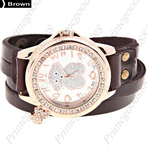 Teddy bear rhinestones synthetic leather quartz wrist wristwatch women&#039;s brown for sale