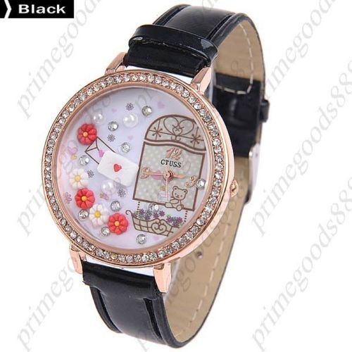 3d flower heart mail pu leather lady ladies quartz wristwatch women&#039;s black for sale