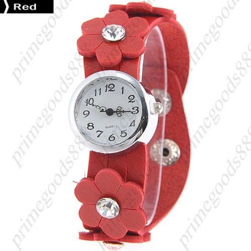 Flower Round Rhinestones PU Leather Lady Ladies Quartz Wristwatch Women&#039;s Red