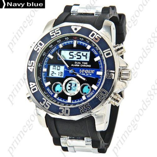 Lcd analog digital quartz alarm stopwatch date rubber men&#039;s wristwatch navy blue for sale