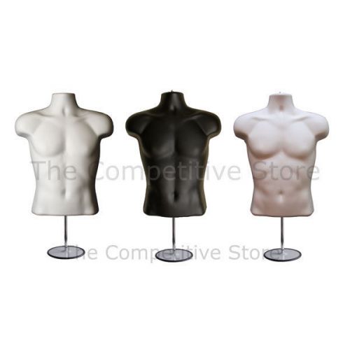 3 Torso Male Countertop Mannequin Forms (Waist Long) W/ Base - Black Flesh White