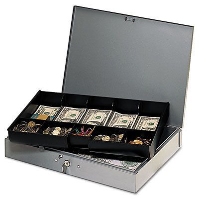 Extra-wide steel cash box w/10 compartments, key lock, gray for sale