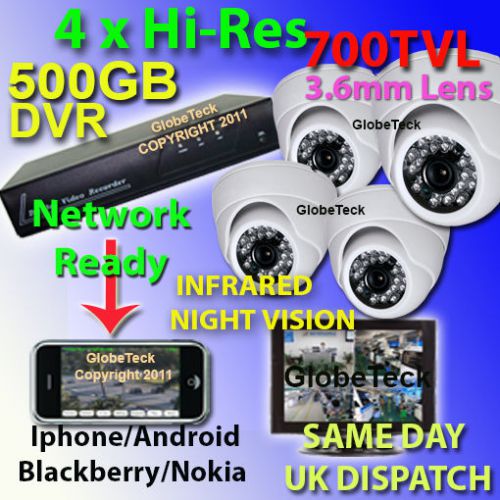 4 CHANNEL 4CH 500GB DVR SYSTEM MACHINE + 4 700TVL IR DOME SONY CCTV CAMERAS KIT