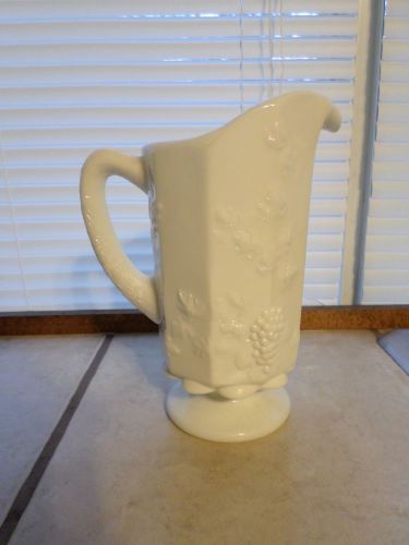 Large White Milk Glass Water Serving Pitcher / Panel Grape &amp; Leaf  Westmoreland?