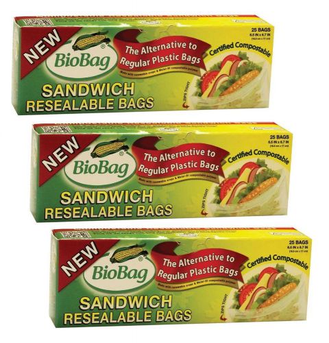 (3 Pack) BioBag Resealable Sandwich Bags, 25 Plastic Bags per Box (Total 75 Bag