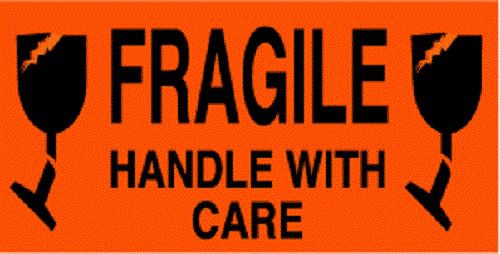 4X6 &#034;FRAGILE HANDLE WITH CARE W/BROKEN GLASSES&#034; BLK/ORNG ROLL OF 500 LABELS