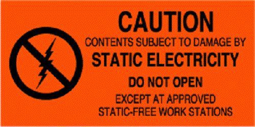 1-1/2x3 &#034;caution static electricity&#034; esd black on orange labels/stickers 500/rl for sale