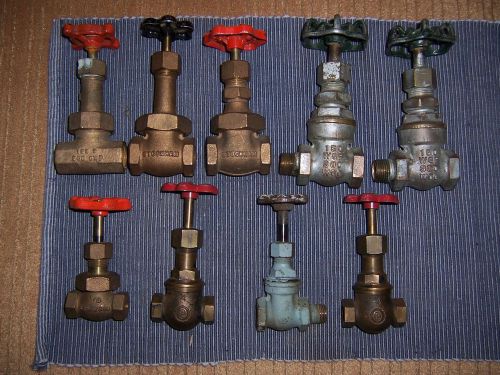 Lot of 9 Vintage Brass Valves five 1/2 in and one 1/8 two 1/4 one 3/8