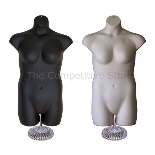 2 female plus size black + flesh mannequin forms w/ economic plastic base 1x-2x for sale