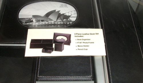 4pc BLACK LEATHER (with white stitching) DESK SET New in Gift Box!
