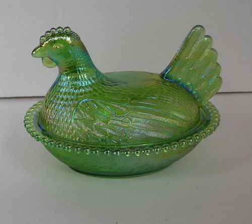 Green Carnival Glass Chicken on Nest