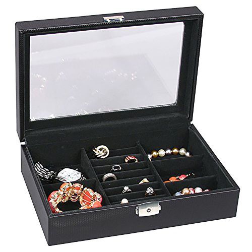 Black Leather Carbon Fiber Jewelry Storage Case Glass Top box Display