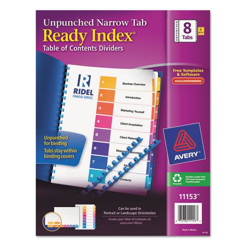 Ready Index TOC Unpunched Dividers with Narrow Tabs, Multicolor, 8-Tab, Letter
