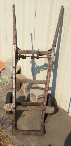 Antique primitive industrial wood cast iron dolly hand cart truck table art for sale