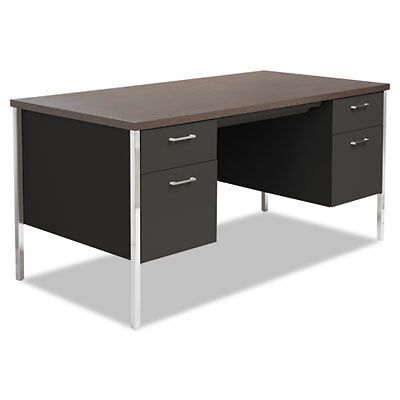 Double pedestal steel desk, metal desk, 60w x 30d x 29-1/2h, walnut/black for sale