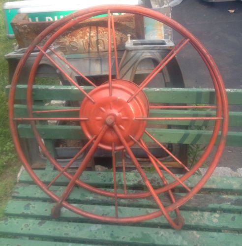 Vtg Industrial Wall Mount Fire Hose Storage Reel Red Steel Antique Old Wheel
