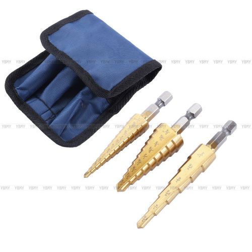 3 pieces small hss step titanium cone drill hole cutter bit set tool with pouch for sale