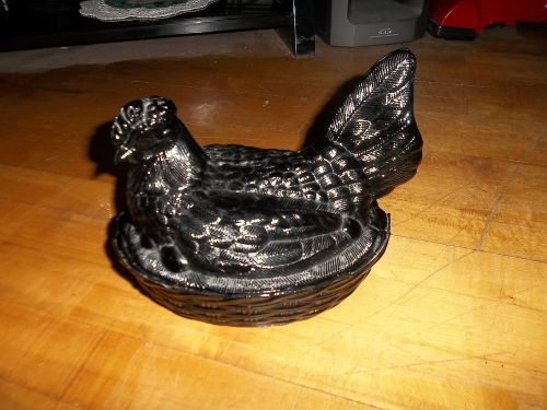 BLACK Glass Hen Chicken On Nest For Eggs Candy Butter Dish Rooster