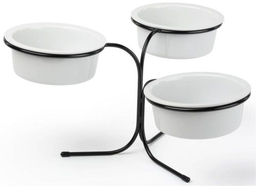 3-tier wire serving platter w/ (3) 8&#034; diameter porcelain dishes - black and whit for sale