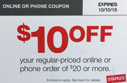 Take $10 OFF your regular-priced order of $20 or more at STAPLES! Exp. 10/10/15