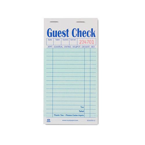 Royal green guest check paper, interleav carbon, 2 part booked, case of 50 books for sale
