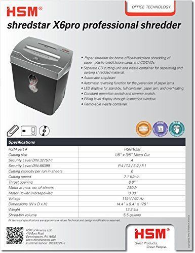 HSM shredstar X6Pro, 6 Sheet, Micro Cut, 5.5-Gallon Capacity Shredder