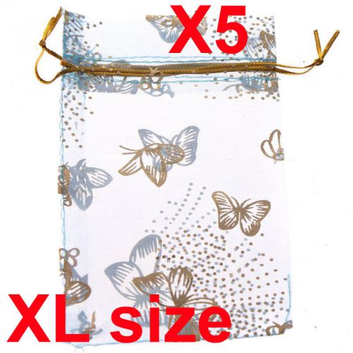 x5 XL white butterfly organza gift candy bags jewellery favour pouches wrap
