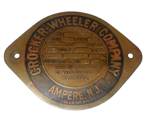 Vintage Brass Crocker-Wheeler Co. Electric Motor Sign Plate