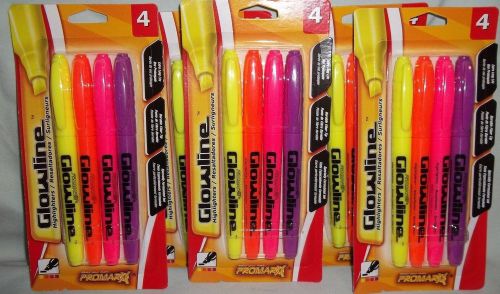 Promarx Glowline Highlighters Chisel Tip Yellow Orange Pink Purple 4 Marker Pack