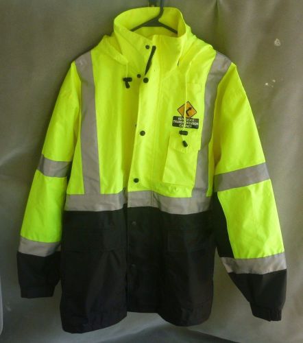 Yellow high visibility rain traffic jacket work safety ansi size xl class 3 hood for sale