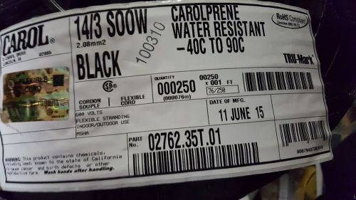 Carol 02762 14/3C Carolprene SOOW 600V 90C Portable Power Cable Cord Black/20ft