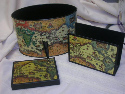 Desk Set Letter Holder Pen Holder Small Waste Can Map Design Latin Shop Calif.